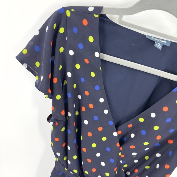 ModCloth Fits Of Bliss Tie Waist Dress Womens Size 1X Blue Polka Dot Faux Wrap - Picture 5 of 14